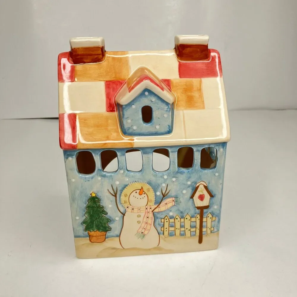 Snowman Tea Light Votive Ceramic House Holiday Decor Christmas